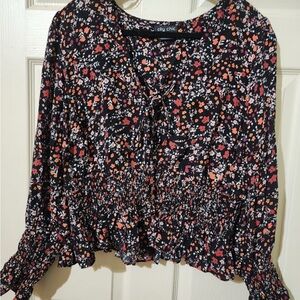 City Chic Pink Red Long Sleeve Blouse with Tie Front